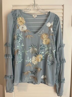 TINY Dusty Blue Floral Embroidered V-Neck Blouse